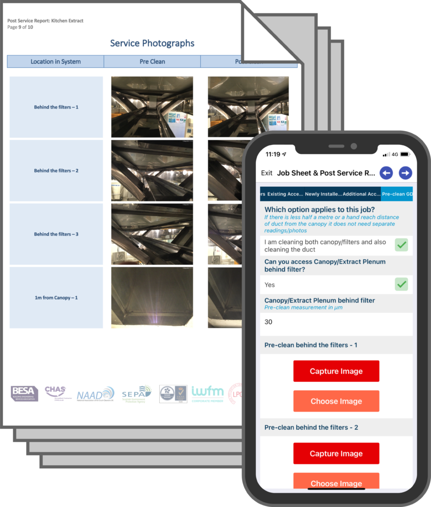 A Ventsys service report and the Ventsys app running on a smartphone